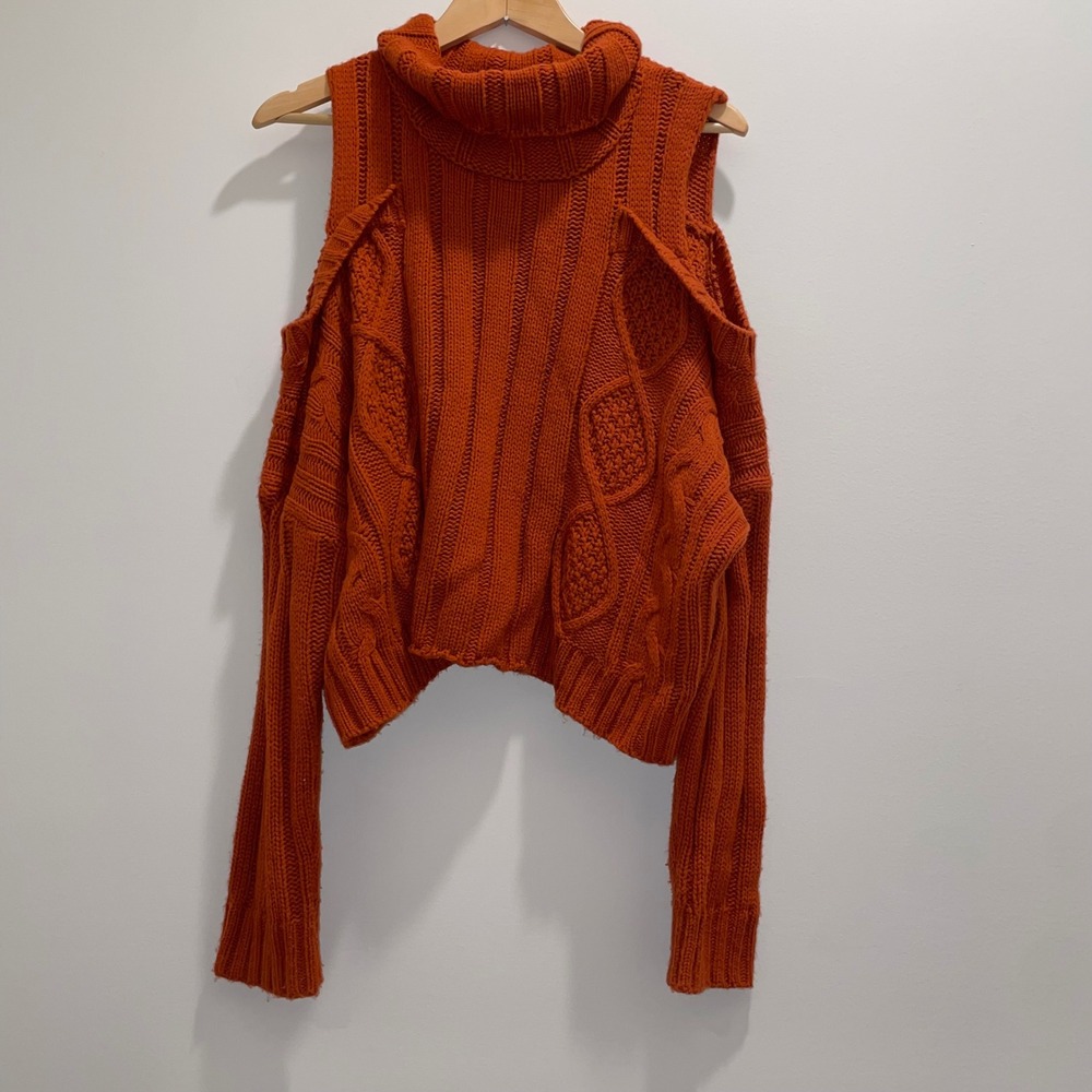 Blue B Burnt Orange Cold Shoulder Cable Knit Turtleneck Sweater Size S/M T12266